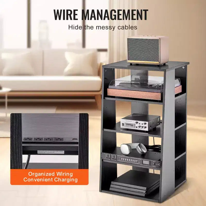 AV-Medienständer mit 5 Ebenen, hölzerner Audio-Video-Ständer für DVD-Player, Kabelboxen und Spielekonsolen, Medienregal mit verstellbarer Höhe, Schwarz