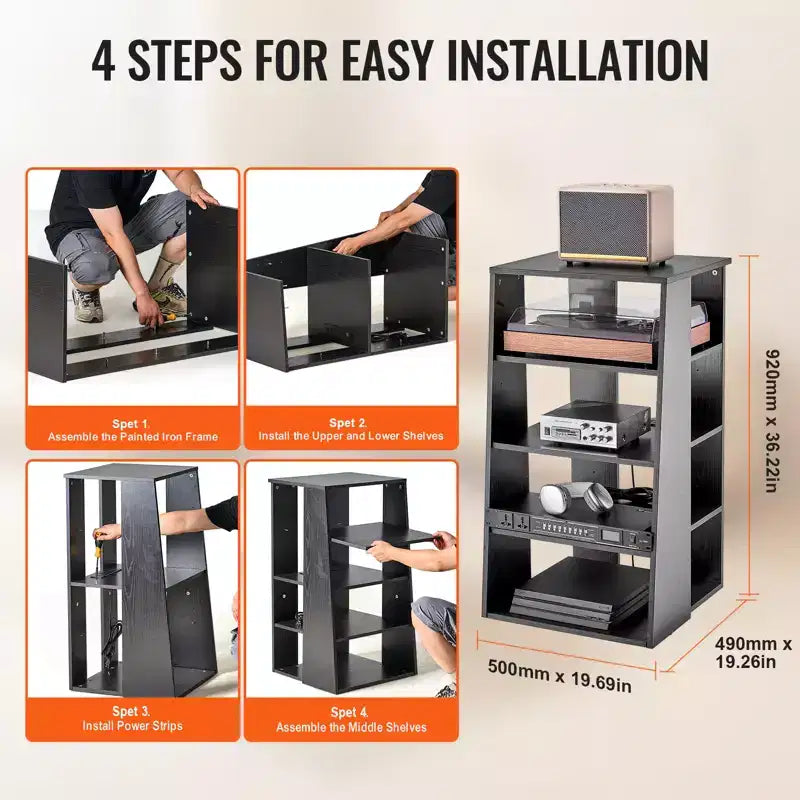 Soporte para equipos audiovisuales de 5 niveles, soporte de madera para reproductores de DVD, decodificadores y consolas de videojuegos, gabinete de almacenamiento audiovisual de altura ajustable, negro