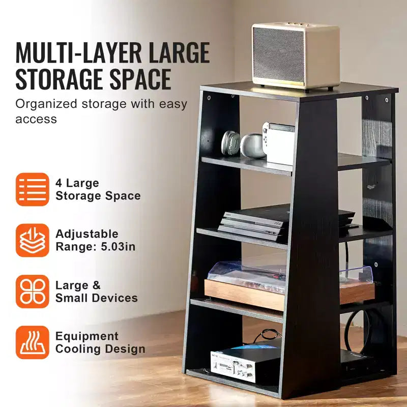 Soporte para equipos audiovisuales de 5 niveles, soporte de madera para reproductores de DVD, decodificadores y consolas de videojuegos, gabinete de almacenamiento audiovisual de altura ajustable, negro