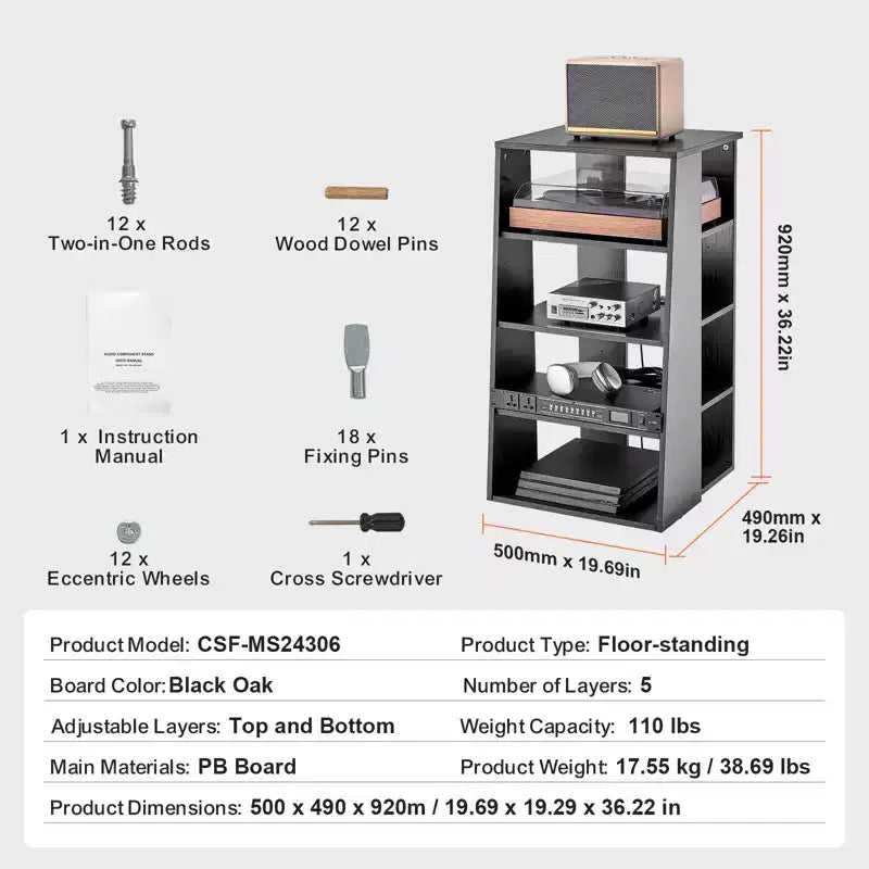 Soporte para equipos audiovisuales de 5 niveles, soporte de madera para reproductores de DVD, decodificadores y consolas de videojuegos, gabinete de almacenamiento audiovisual de altura ajustable, negro