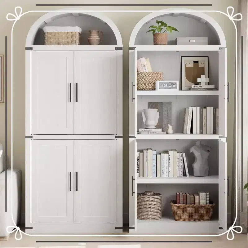 Armoire de cuisine haute de 71.6 avec portes, style fermette et finition voûtée, grande bibliothèque avec portes