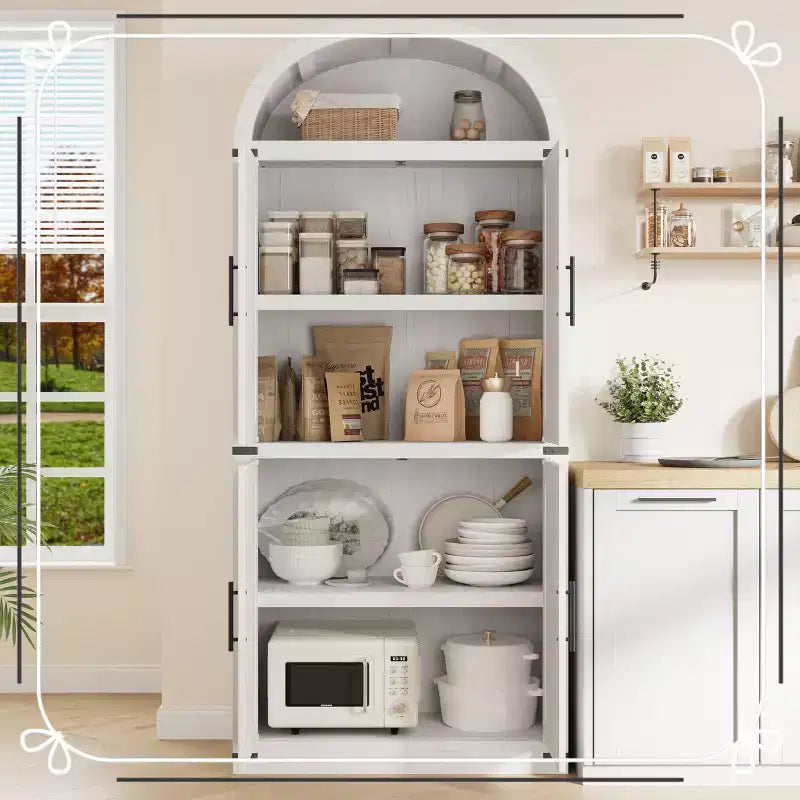 Armoire de cuisine haute de 71.6 avec portes, style fermette et finition voûtée, grande bibliothèque avec portes