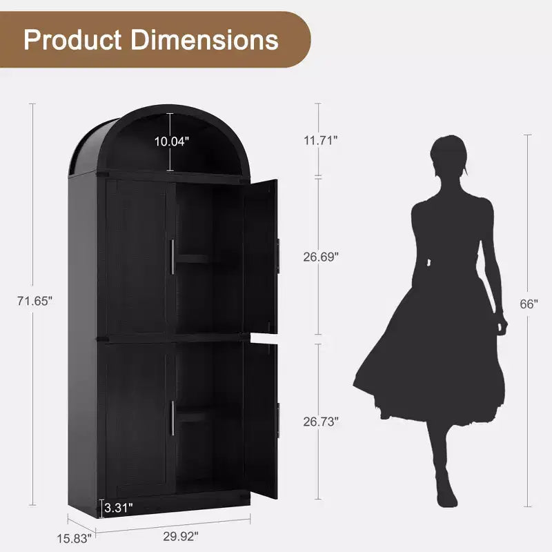 Armoire de cuisine haute de 71.6 avec portes, style fermette et finition voûtée, grande bibliothèque avec portes