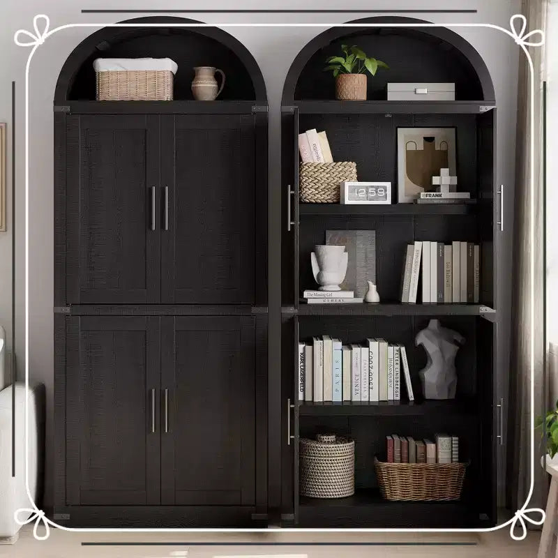 Armoire de cuisine haute de 71.6 avec portes, style fermette et finition voûtée, grande bibliothèque avec portes
