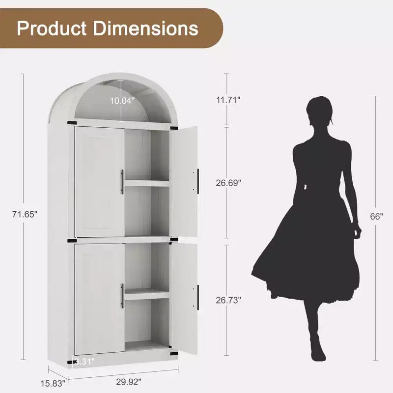 Armoire de cuisine haute de 71.6 avec portes, style fermette et finition voûtée, grande bibliothèque avec portes