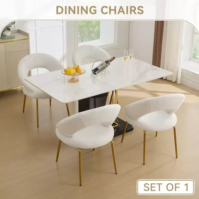 Set aus 1 Esszimmerstuhl aus Teddy-Stoff mit geschwungener Rückenlehne und goldfarbenen Metallbeinen für Küche oder Esszimmer, Weiß