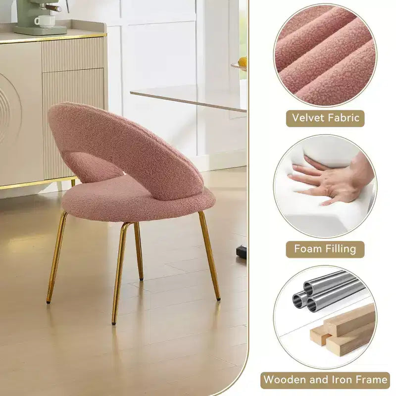Set aus 1 Esszimmerstuhl aus Teddy-Stoff mit geschwungener Rückenlehne und goldfarbenen Metallbeinen für Küche oder Esszimmer, Weiß