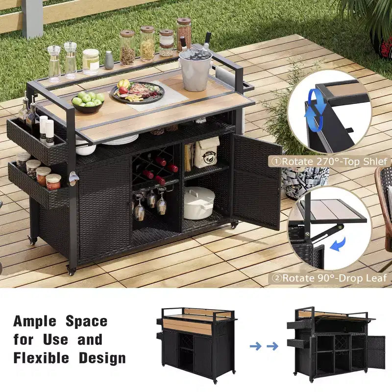 52.8-Zoll-Outdoor-BBQ-Wagen aus Korbgeflecht (mit verlängerter Arbeitsplatte) – tragbare Kücheninsel mit viel Stauraum, Gewürzregal und feststellbaren Rollen
