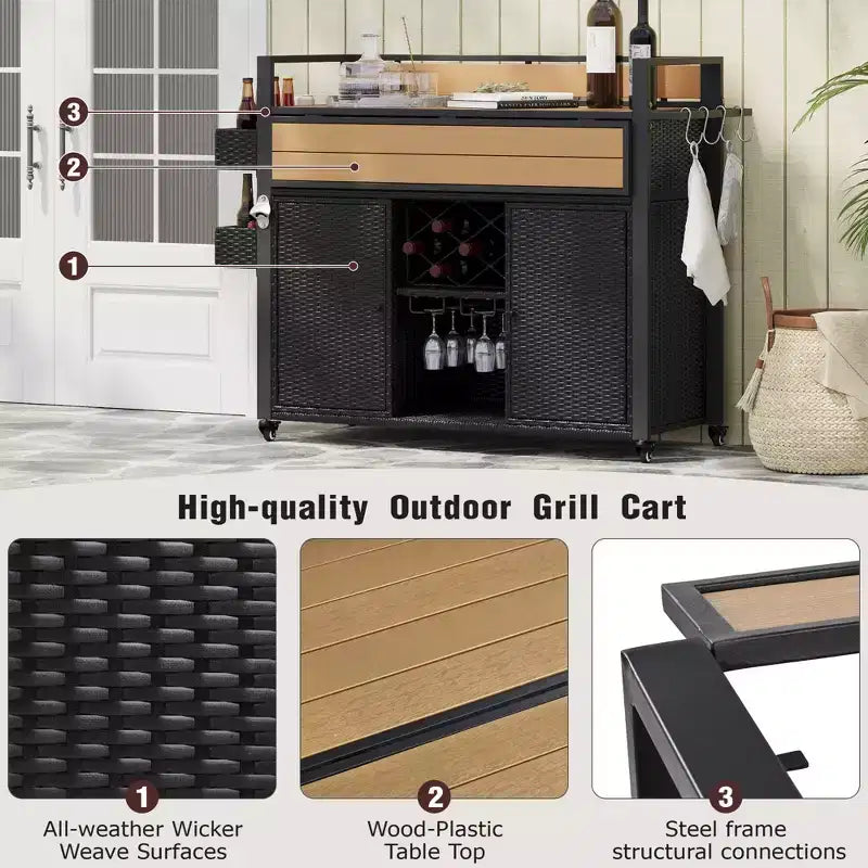 52.8-Zoll-Outdoor-BBQ-Wagen aus Korbgeflecht (mit verlängerter Arbeitsplatte) – tragbare Kücheninsel mit viel Stauraum, Gewürzregal und feststellbaren Rollen