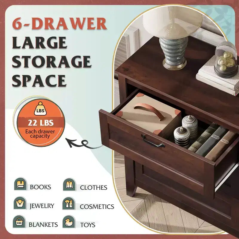 Cómoda de 6 cajones, gabinete grande de almacenamiento para dormitorio, sala de estar o recibidor, cómoda retro de madera con tiradores metálicos y diseño antivuelco, 54 pulgadas