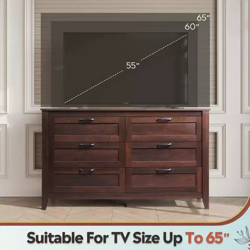 Cómoda de 6 cajones, gabinete grande de almacenamiento para dormitorio, sala de estar o recibidor, cómoda retro de madera con tiradores metálicos y diseño antivuelco, 54 pulgadas