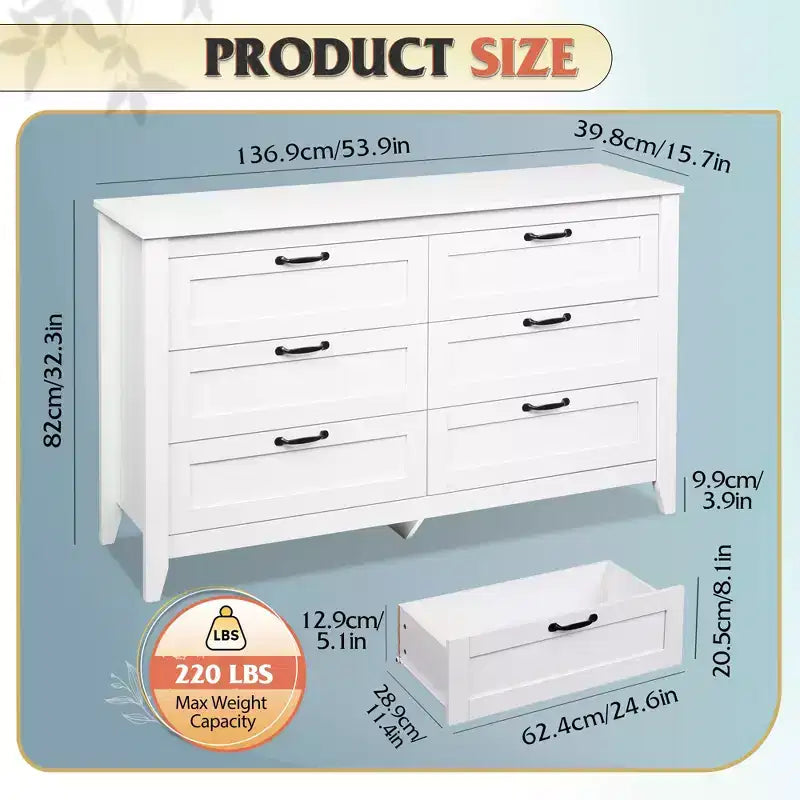 Cómoda de 6 cajones, gabinete grande de almacenamiento para dormitorio, sala de estar o recibidor, cómoda retro de madera con tiradores metálicos y diseño antivuelco, 54 pulgadas