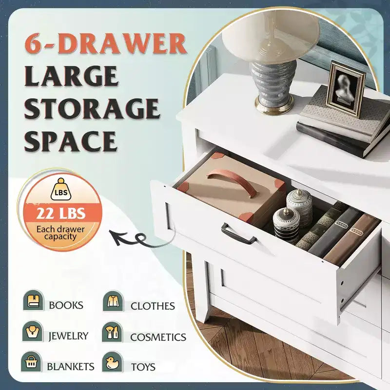 Cómoda de 6 cajones, gabinete grande de almacenamiento para dormitorio, sala de estar o recibidor, cómoda retro de madera con tiradores metálicos y diseño antivuelco, 54 pulgadas