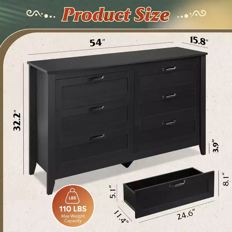 Cómoda de 6 cajones, gabinete grande de almacenamiento para dormitorio, sala de estar o recibidor, cómoda retro de madera con tiradores metálicos y diseño antivuelco, 54 pulgadas