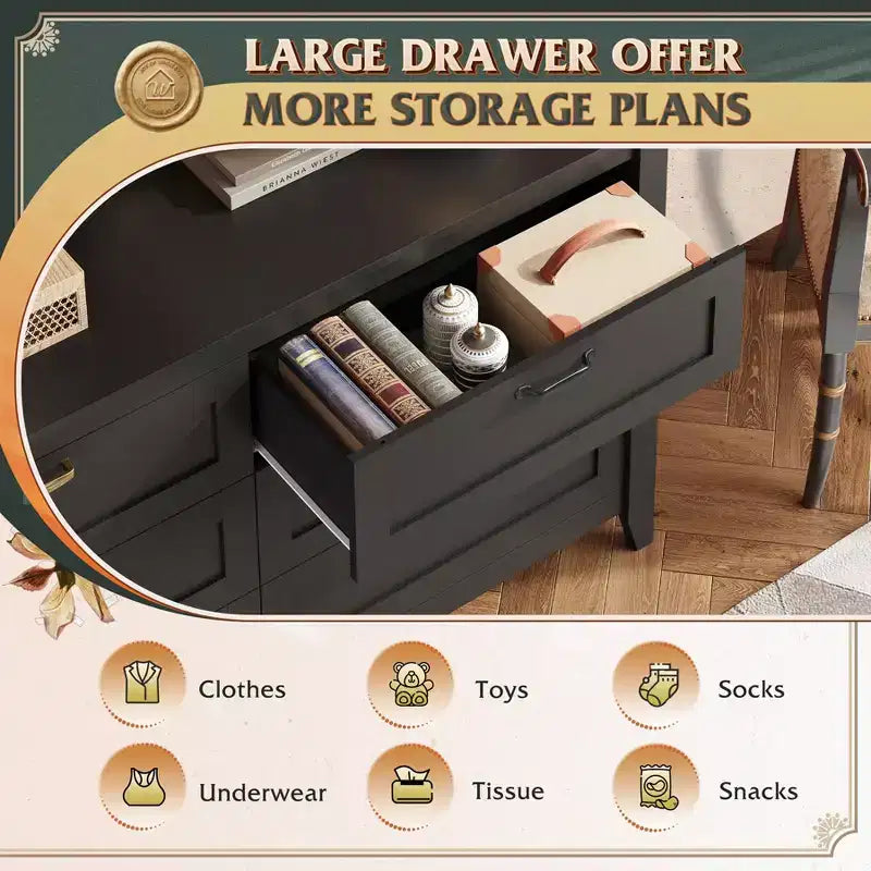 Kommode mit 6 Schubladen, großer Aufbewahrungsschrank für Schlafzimmer, Wohnzimmer und Eingangsbereich, Kommode aus Holz im Retro-Stil mit Metallgriffen und Kippschutz, 54-Inch