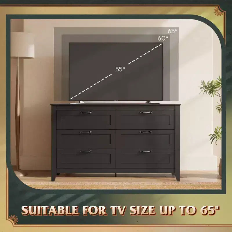 Cómoda de 6 cajones, gabinete grande de almacenamiento para dormitorio, sala de estar o recibidor, cómoda retro de madera con tiradores metálicos y diseño antivuelco, 54 pulgadas