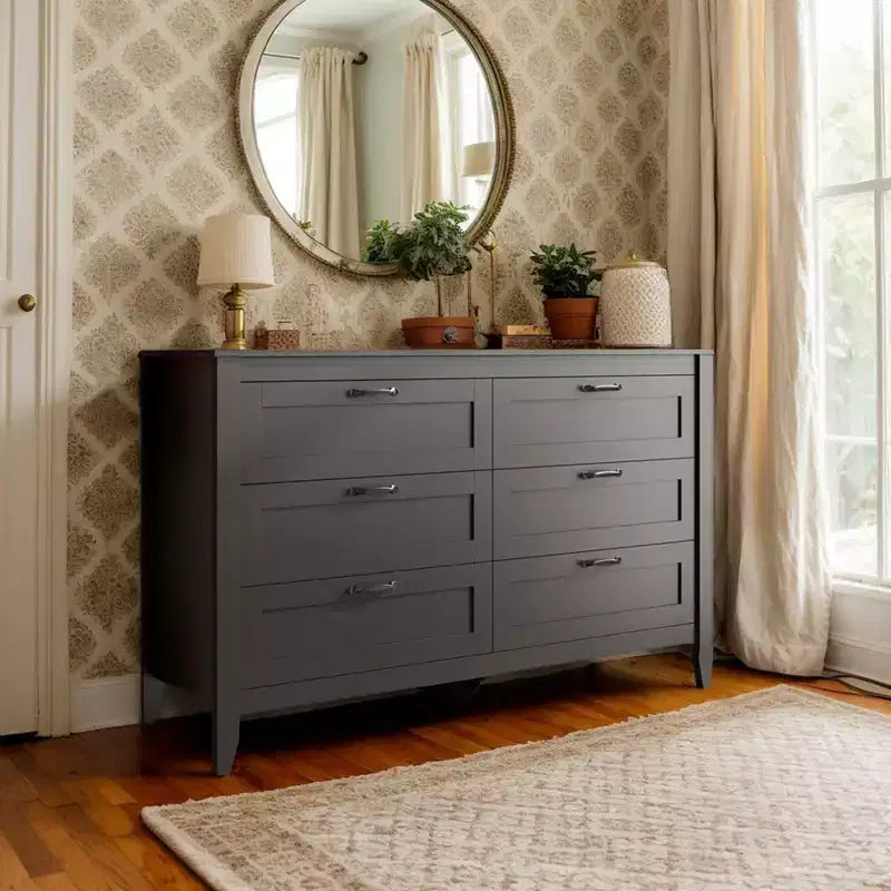 Kommode mit 6 Schubladen, großer Aufbewahrungsschrank für Schlafzimmer, Wohnzimmer und Eingangsbereich, Kommode aus Holz im Retro-Stil mit Metallgriffen und Kippschutz, 54-Inch