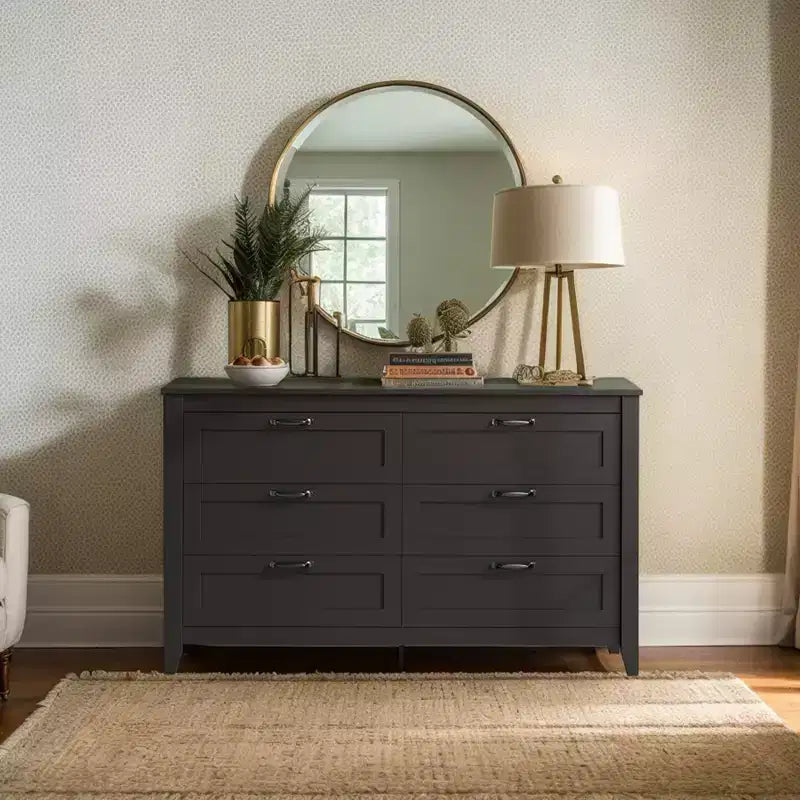 Cómoda de 6 cajones, gabinete grande de almacenamiento para dormitorio, sala de estar o recibidor, cómoda retro de madera con tiradores metálicos y diseño antivuelco, 54 pulgadas