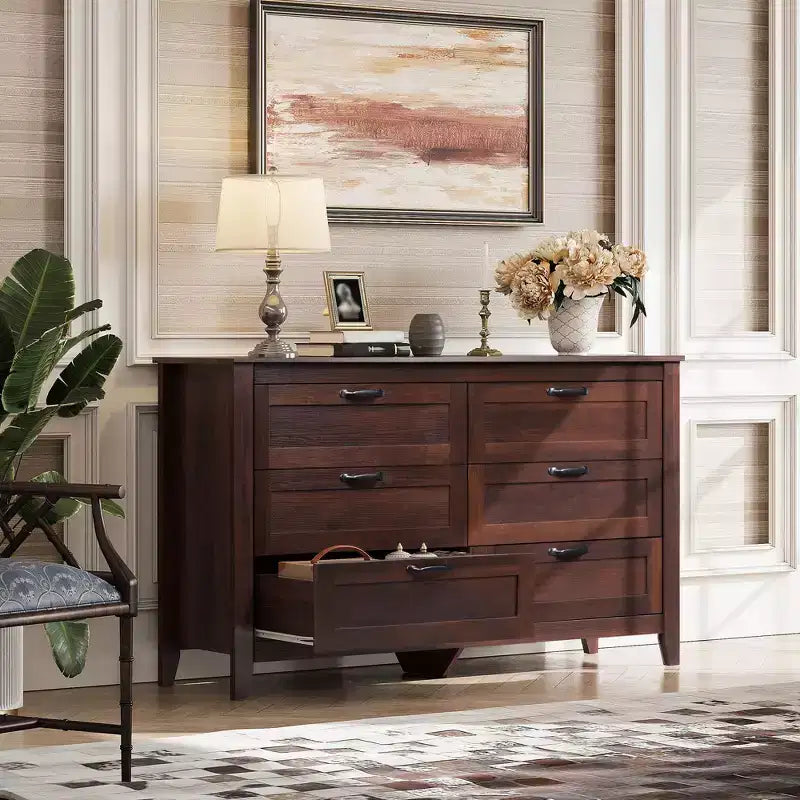 Cómoda de 6 cajones, gabinete grande de almacenamiento para dormitorio, sala de estar o recibidor, cómoda retro de madera con tiradores metálicos y diseño antivuelco, 54 pulgadas