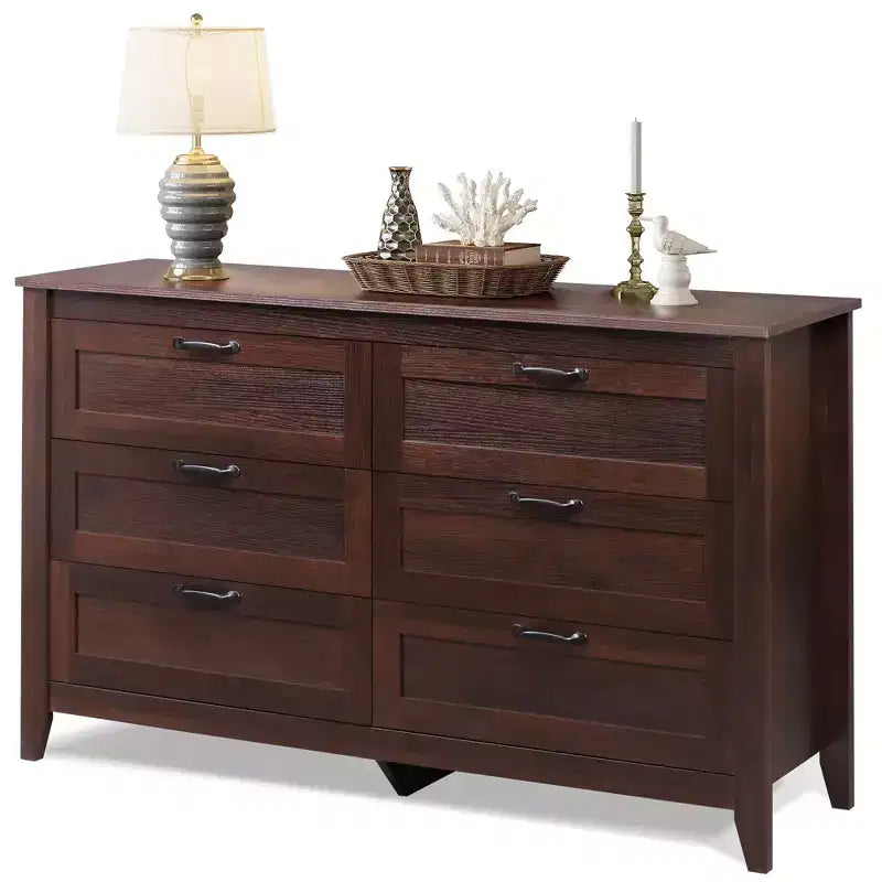 Kommode mit 6 Schubladen, großer Aufbewahrungsschrank für Schlafzimmer, Wohnzimmer und Eingangsbereich, Kommode aus Holz im Retro-Stil mit Metallgriffen und Kippschutz, 54-Inch