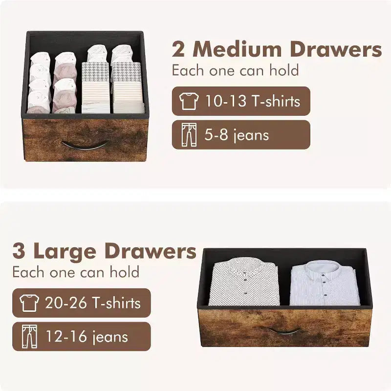 Cómoda de 5 cajones para dormitorio - Torre de almacenamiento de tela con superficie de madera, estructura de acero resistente, cajones con tiradores fáciles de abrir