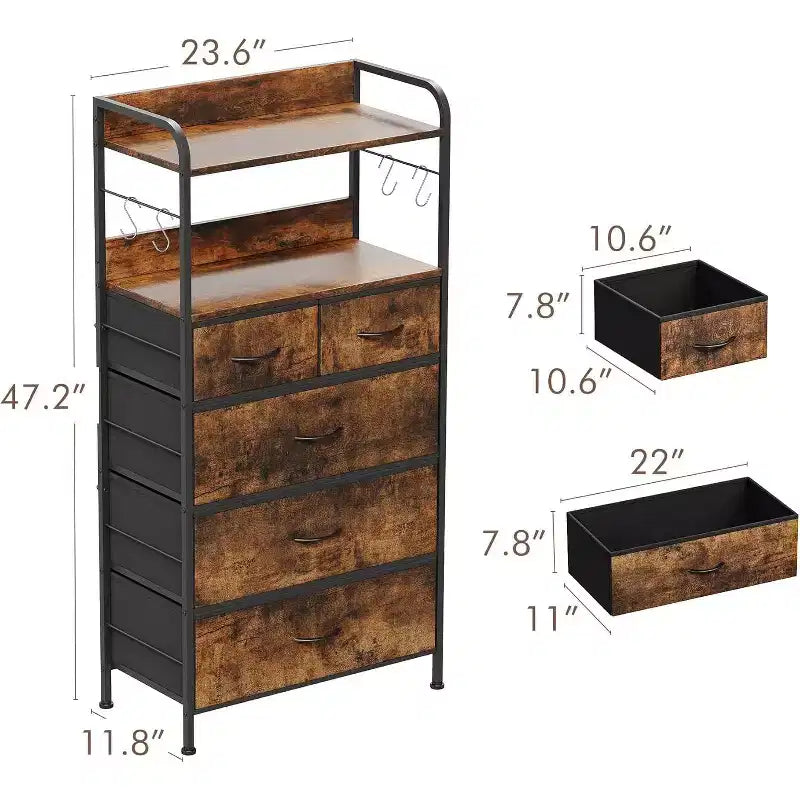 Cómoda de 5 cajones para dormitorio - Torre de almacenamiento de tela con superficie de madera, estructura de acero resistente, cajones con tiradores fáciles de abrir