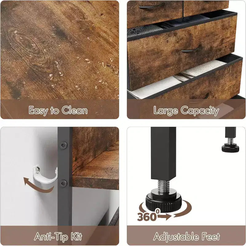 Cómoda de 5 cajones para dormitorio - Torre de almacenamiento de tela con superficie de madera, estructura de acero resistente, cajones con tiradores fáciles de abrir