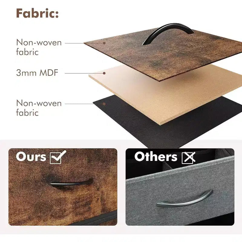 Cómoda de 5 cajones para dormitorio - Torre de almacenamiento de tela con superficie de madera, estructura de acero resistente, cajones con tiradores fáciles de abrir