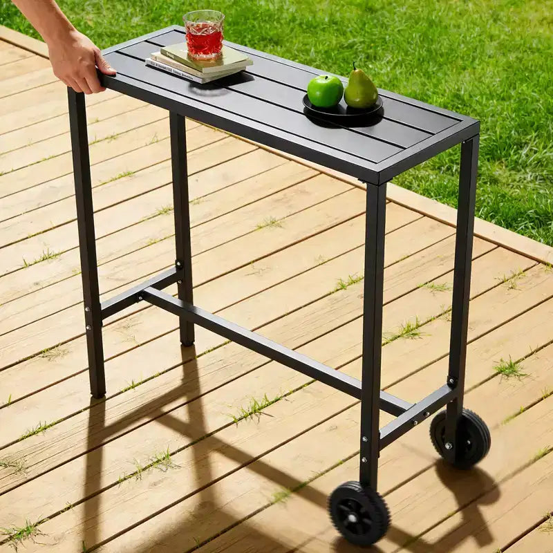 Mobiler Outdoor-Bartisch mit Rollen, wasserdichter Metallplatte, verstellbaren Nivellierfüßen und stabiler Thekenhöhe für Terrasse, Garten und Poolbereich, Schwarz, 39 Zoll