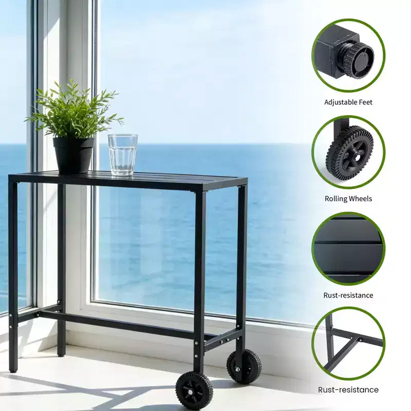 Mesa de bar móvil para exteriores con ruedas, superficie metálica impermeable, patas niveladoras ajustables y altura de mostrador resistente para patio, jardín o junto a la piscina, negra, 39 pulgadas