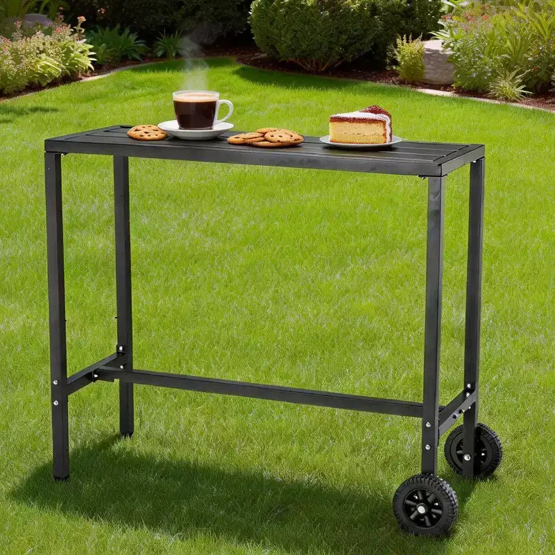 Mobiler Outdoor-Bartisch mit Rollen, wasserdichter Metallplatte, verstellbaren Nivellierfüßen und stabiler Thekenhöhe für Terrasse, Garten und Poolbereich, Schwarz, 39 Zoll