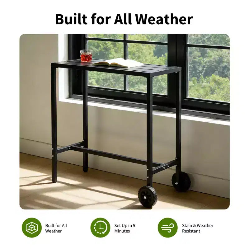 Mesa de bar móvil para exteriores con ruedas, superficie metálica impermeable, patas niveladoras ajustables y altura de mostrador resistente para patio, jardín o junto a la piscina, negra, 39 pulgadas