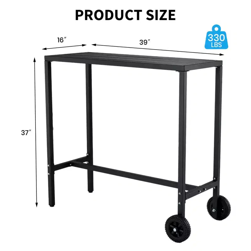 Mesa de bar móvil para exteriores con ruedas, superficie metálica impermeable, patas niveladoras ajustables y altura de mostrador resistente para patio, jardín o junto a la piscina, negra, 39 pulgadas
