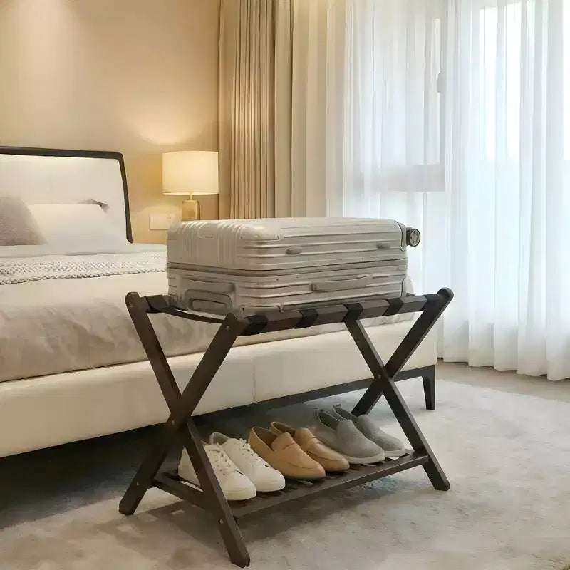 Lot de 2 porte-bagages pliants en bambou avec étagère à 2 niveaux, supports de valise robustes pour chambres d’amis et hôtels