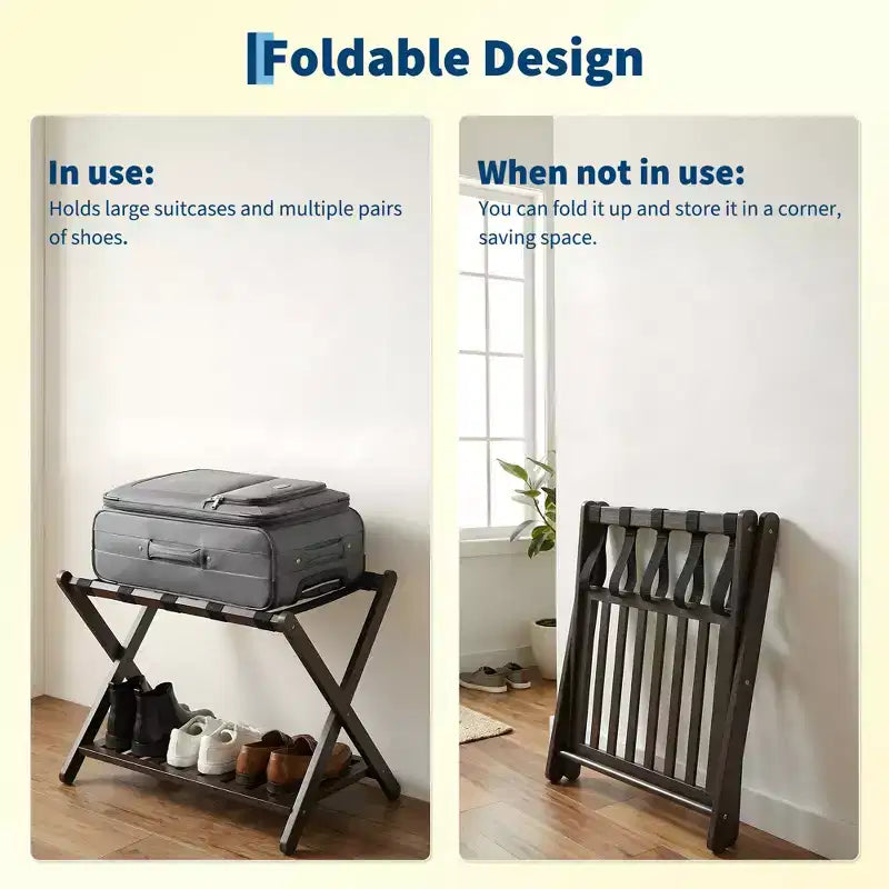 Lot de 2 porte-bagages pliants en bambou avec étagère à 2 niveaux, supports de valise robustes pour chambres d’amis et hôtels