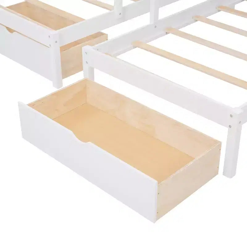 Lit superposé en bois avec lit double au-dessus d’un lit simple et lit simple, 6 tiroirs et escalier