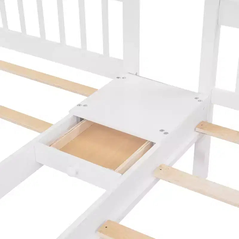 Lit superposé en bois avec lit double au-dessus d’un lit simple et lit simple, 6 tiroirs et escalier
