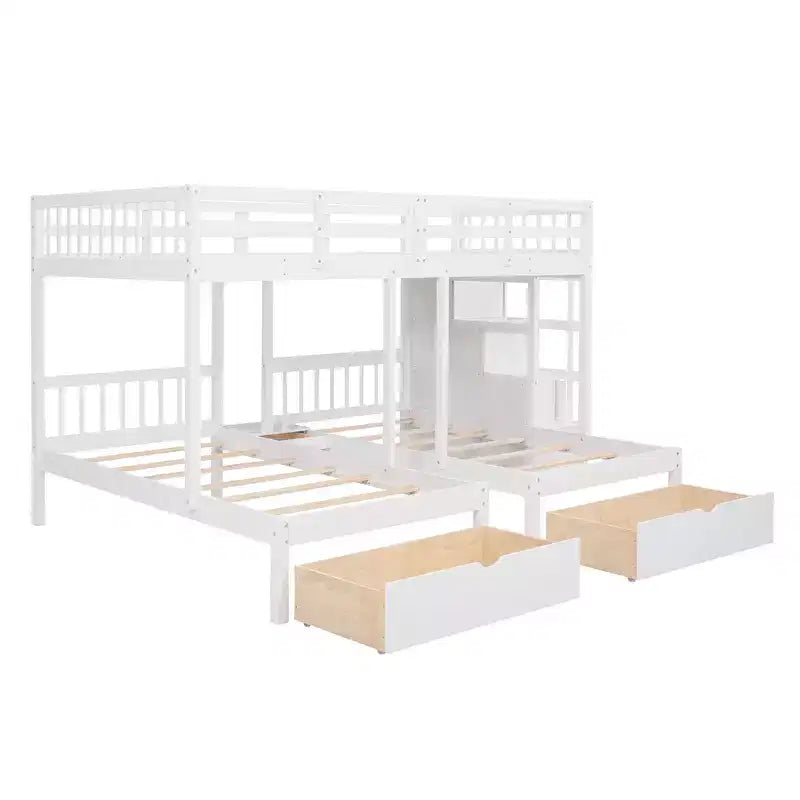Lit superposé en bois avec lit double au-dessus d’un lit simple et lit simple, 6 tiroirs et escalier
