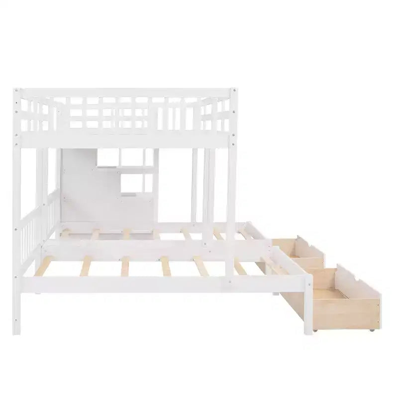 Lit superposé en bois avec lit double au-dessus d’un lit simple et lit simple, 6 tiroirs et escalier