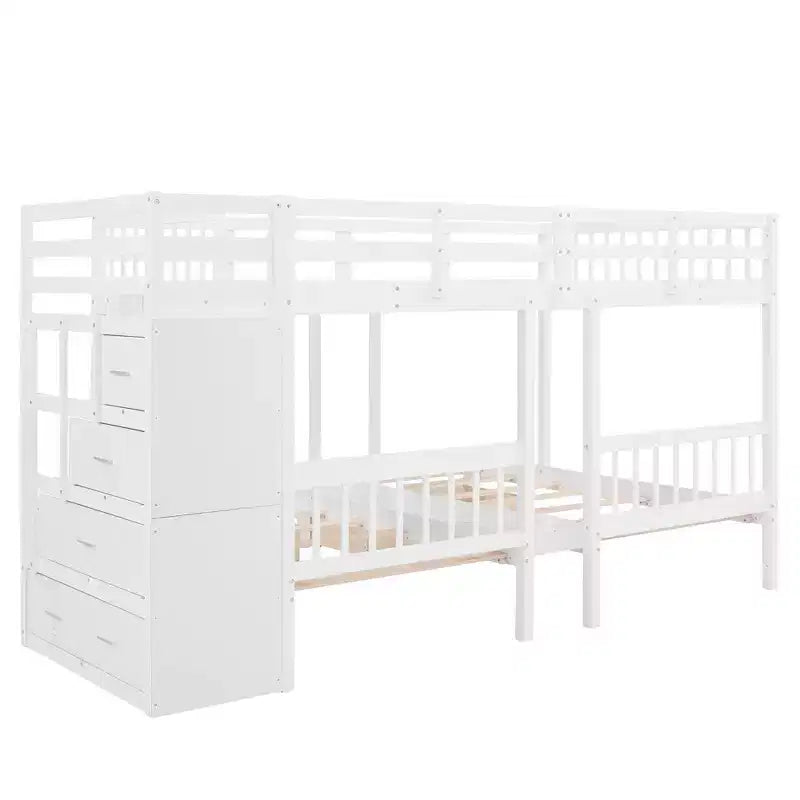 Lit superposé en bois avec lit double au-dessus d’un lit simple et lit simple, 6 tiroirs et escalier