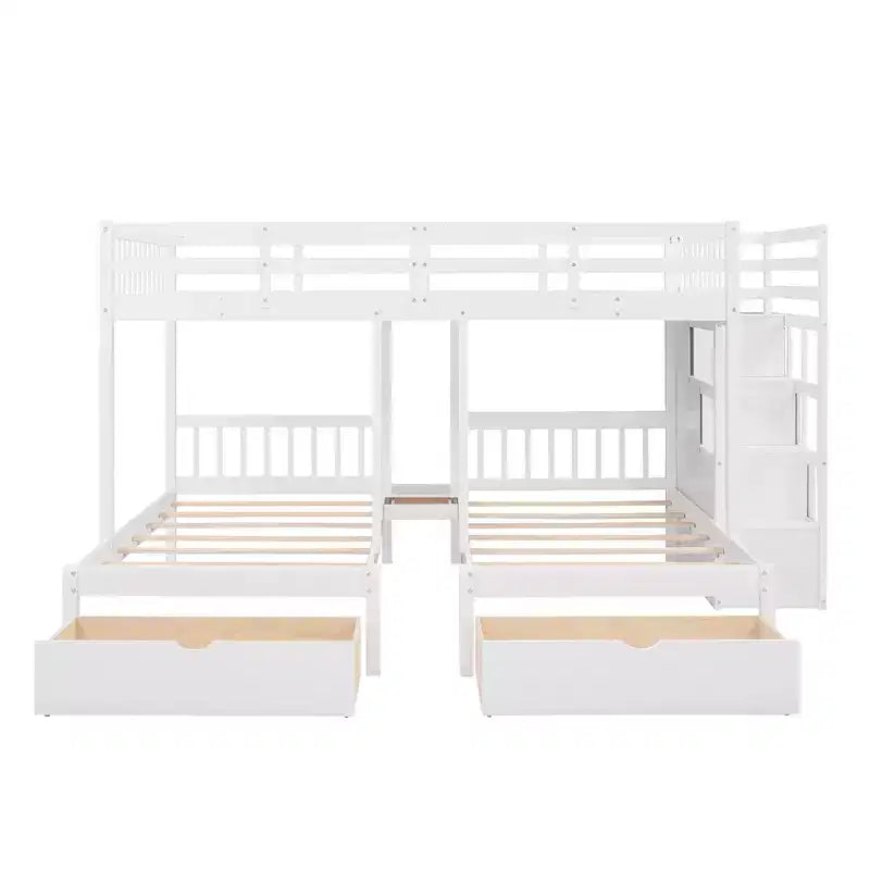 Lit superposé en bois avec lit double au-dessus d’un lit simple et lit simple, 6 tiroirs et escalier
