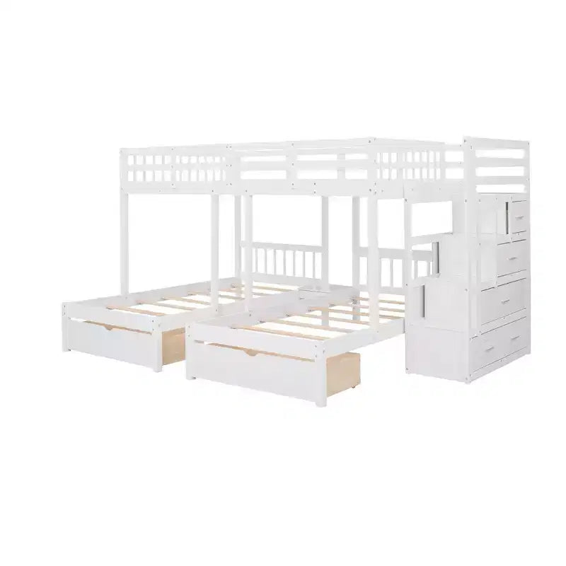 Lit superposé en bois avec lit double au-dessus d’un lit simple et lit simple, 6 tiroirs et escalier