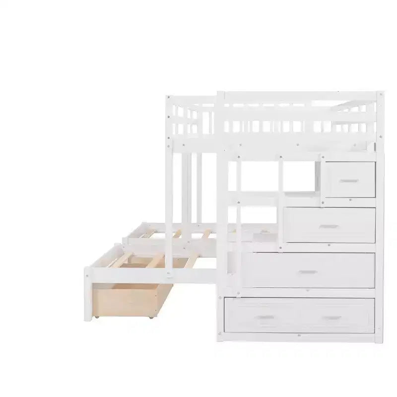 Holz-Etagenbett mit großem Bett über Einzelbett und Einzelbett, 6 Schubladen und Treppe