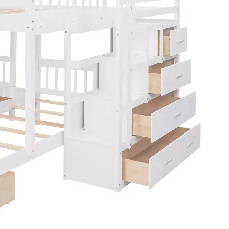 Lit superposé en bois avec lit double au-dessus d’un lit simple et lit simple, 6 tiroirs et escalier