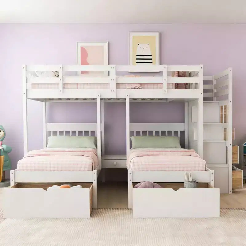 Holz-Etagenbett mit großem Bett über Einzelbett und Einzelbett, 6 Schubladen und Treppe