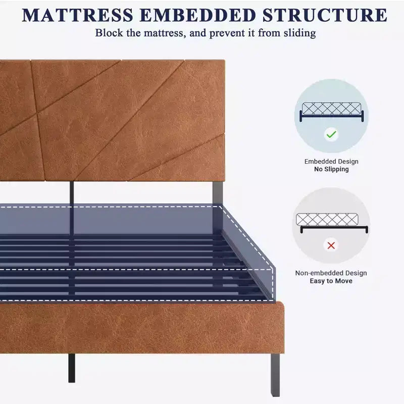 Polsterbett in Full-, Queen- oder King-Size mit Kopfteil, Metallbettgestell mit Stauraum unter dem Bett, Antikbraun