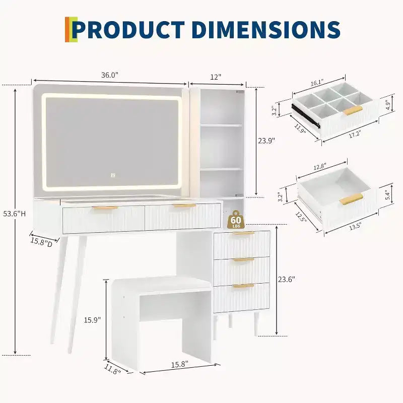 Schminktisch mit 5 Schubladen, 3 Regalen und Glasplatte, Schlafzimmer-Schminktisch-Set für Schlafzimmer und Wohnzimmer
