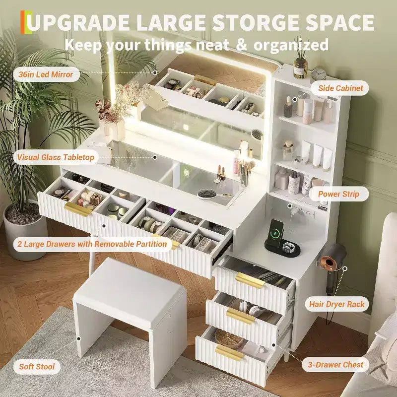 Schminktisch mit 5 Schubladen, 3 Regalen und Glasplatte, Schlafzimmer-Schminktisch-Set für Schlafzimmer und Wohnzimmer