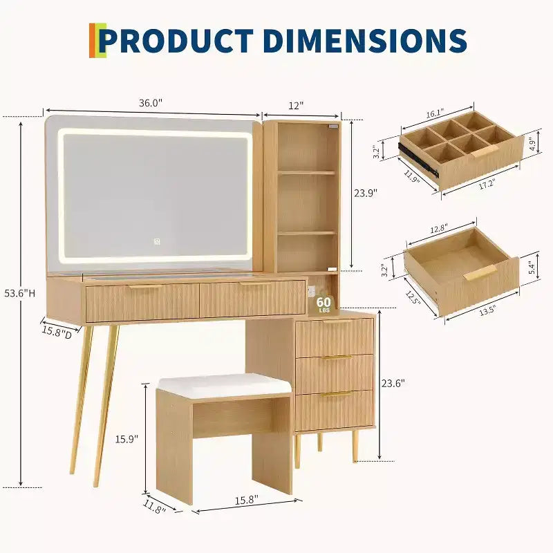 Coiffeuse avec 5 tiroirs, 3 étagères et plateau en verre, ensemble de coiffeuse pour chambre et salon