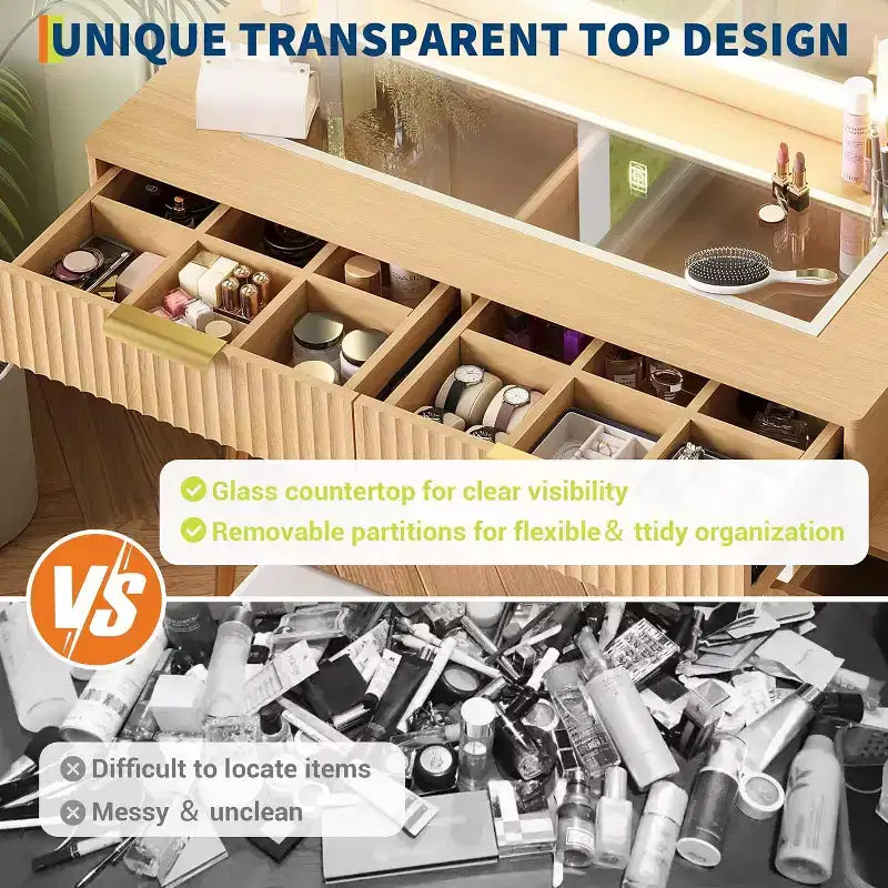 Coiffeuse avec 5 tiroirs, 3 étagères et plateau en verre, ensemble de coiffeuse pour chambre et salon
